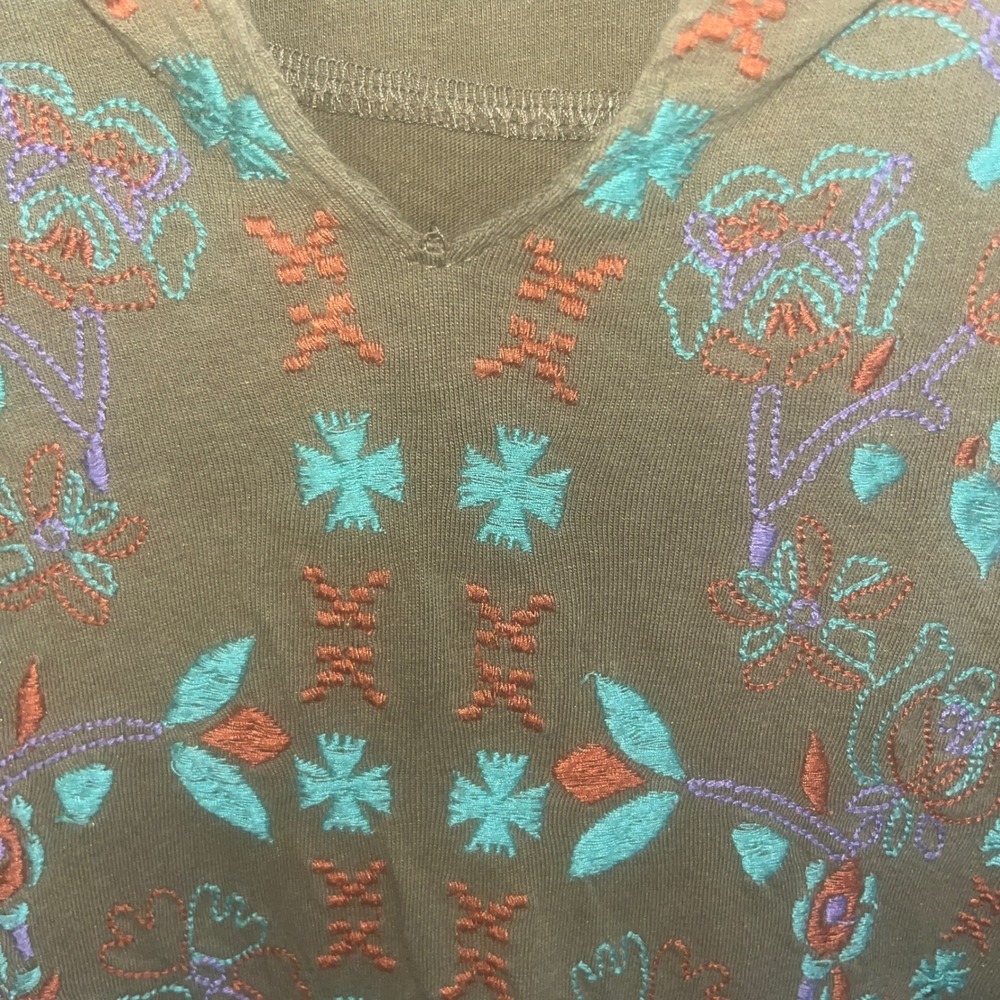 LOGO Womens XL Olive Green Embroidered Boho Peplum Tunic Top Long Sleeve - Picture 4 of 10